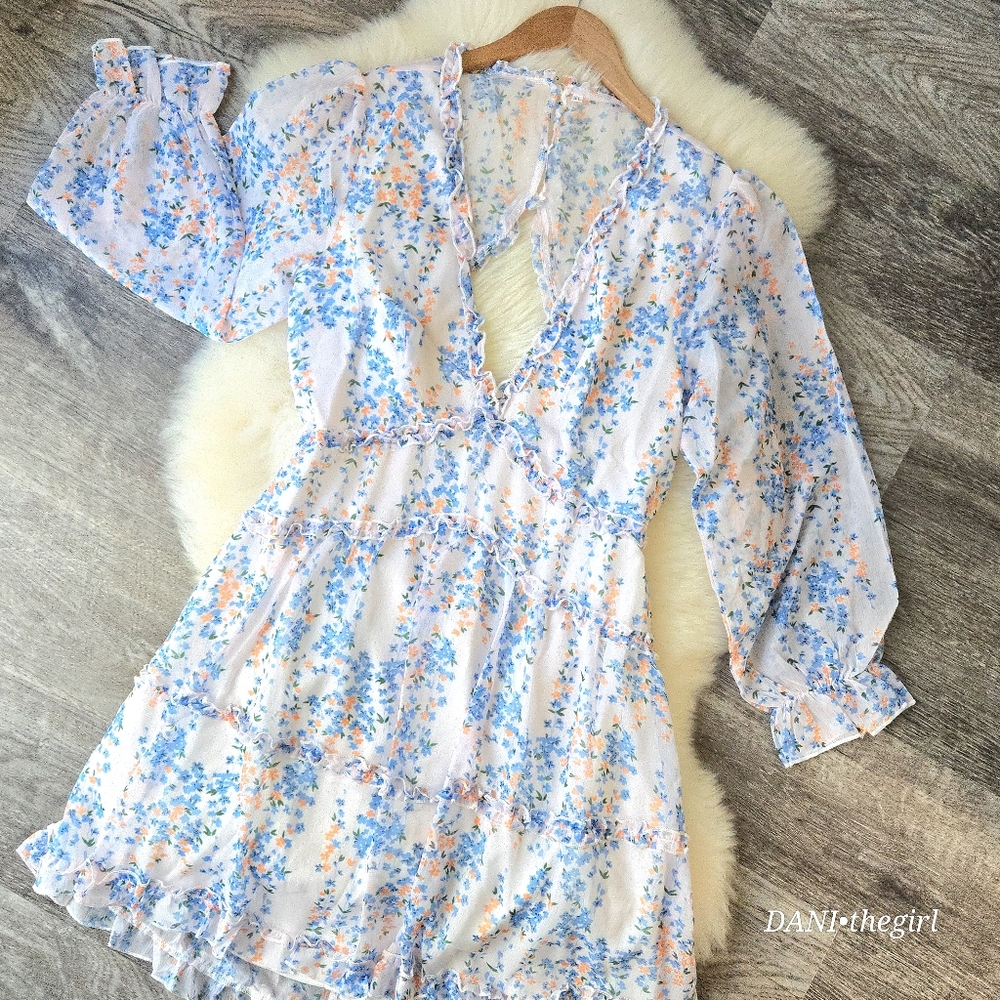 Floral Chiffon Open Back Cutout Ruffle Trim Semi-Sheer Long Sleeve Dress - Picture 15 of 15
